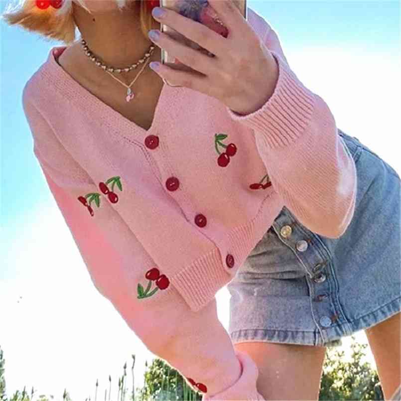 Cardigan Women's coat Winter Autumn Knitted Sweater V-neck Loose Cherry Embroidered knitted cardigan Jacket 210508