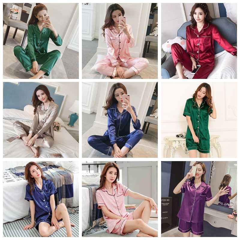 Pajamas for Women Silk Satin Sets 2 Piece's Nightie Shorts Sleepwear Pijama Female Summer Sleeve Pajama Suit Plus Size 210826