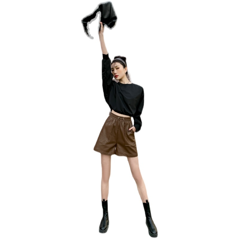 Spring Fashion Loose Wide Leg PU Leather Shorts for Women Casual Elastic High Waist Female Faux 210514