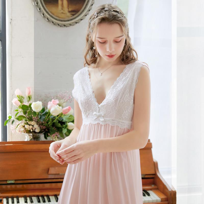 Roseheart Women Female Cotton Pink Blue White Sexy Sleepwear Night Dress Lace Homewear Nightwear Long Nightgown Luxury Gown Women's