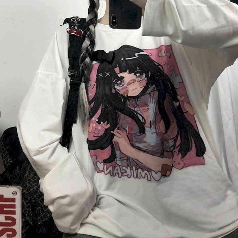 japan sweet tshirt women t shirt ins Harajuku bf retro tops girl anime printing loose long-sleeved t-shirt female student top 210406