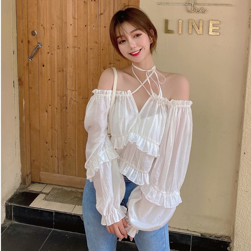 Blouse Chic Fashion Temperament Sweet White Puff Long Sleeve Lace Up Sunscreen Chiffon Shirt Sexy Halter Top Women Clothing 210429