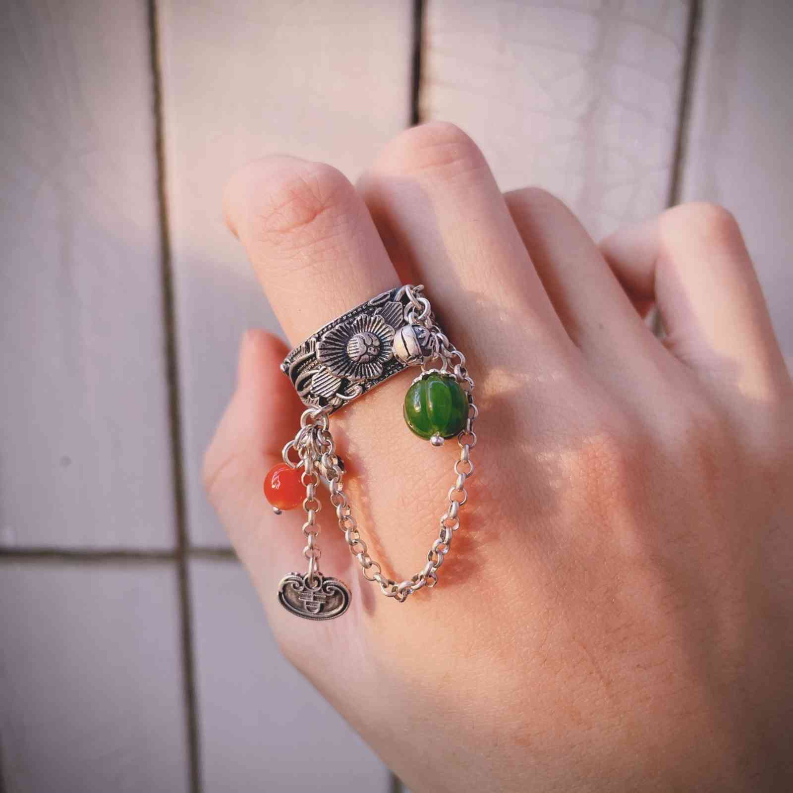 Design S925 Sterling Silver Peony Jasper Tassel Ring National Style Food