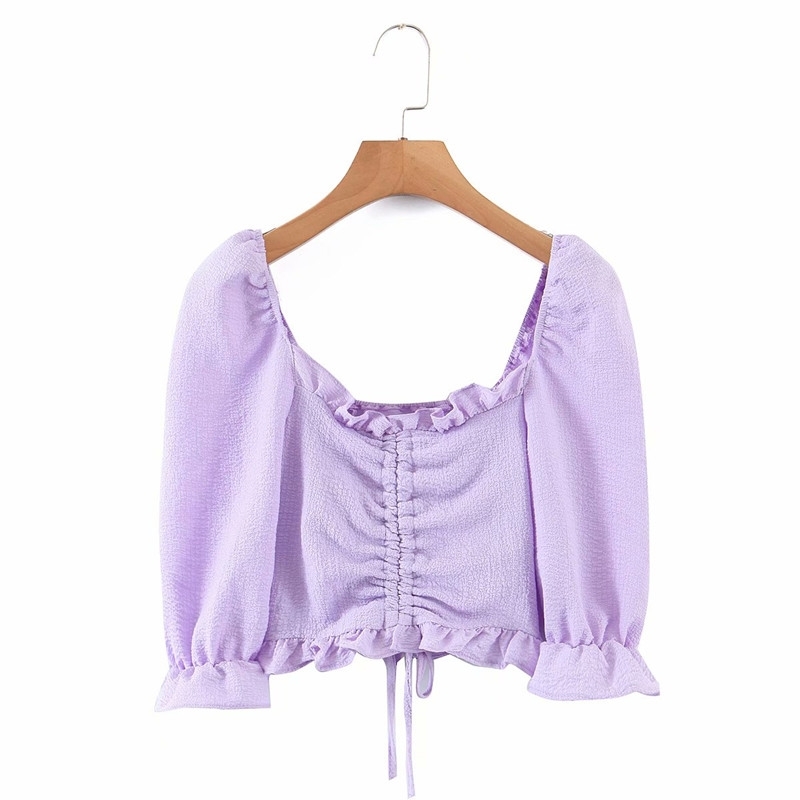 Sweet Women O Neck Shirring Blouse Spring-autumn Fashion Ladies High Street Shirt Female Elastic Drawstring Crop Top 210430