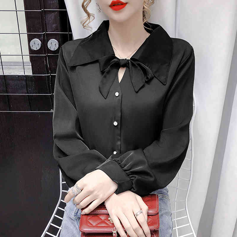 QOERLIN Elegant OL Tops Shirt Women Work Shirts Long Sleeve Bowtie Blouse Single Breasted Women Black Blusas Feminina Plus Size 210412