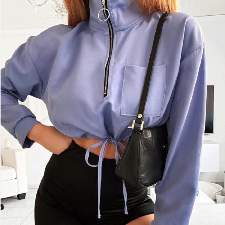 Women Coat Stand Collar Long Sleeve Jacket Drawstring Short Ladies Jackets High Waist Tops Autumn Winter 210524