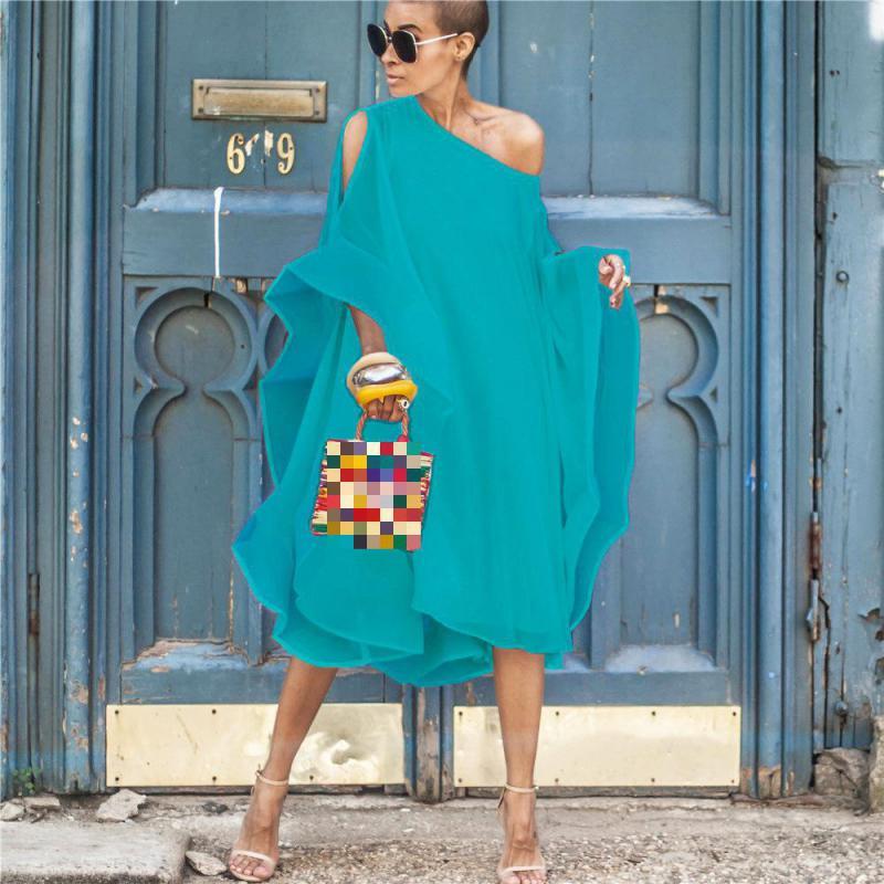 Women Dress White Chiffon Slash Neck Butterfly Sleeve Long Loose Plus Size Summer es Yellow XXL 210524