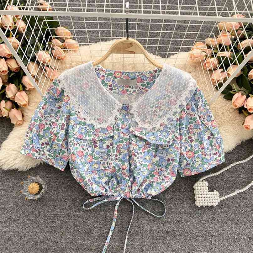 Women Fashion Sweet Embroidery Lace Lapel Short Sleeve Floral Print Shirt Summer Blouse Camisas De Mujer S404 210527