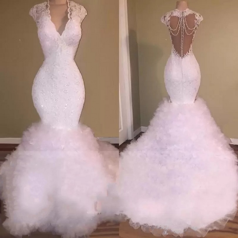 Wedding Bride Dress Mermaid Long Lace Appliques Beaded Crystal Illusion Back Sweep Train Tulle Puffy Tiered Bridal Gown 2022 Vestido de Noiva Robe De 
