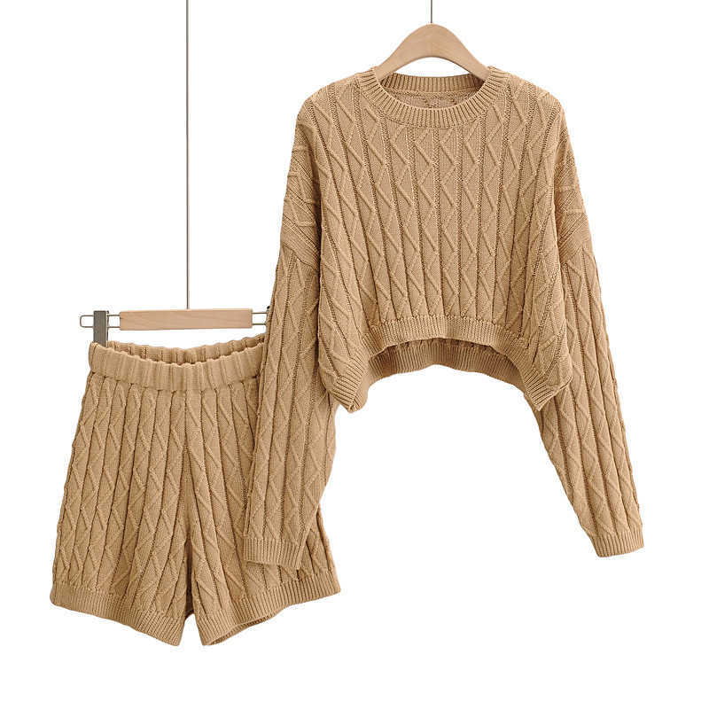 Knit Sweater +short 2 Pieces Set Women Casual ted Pullover Top + Pants TwoPiece Outfit Solid Color Sets 210607, Khaki
Knit Sweater +short 2 Pieces Set Women Casual ted Pullover Top + Pants TwoPiece Outfit Solid Color Sets 210607, Khaki