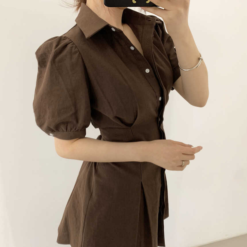 Korejpaa Women Dress Summer Korean Chic French Retro Lapel Single-Breasted Pleated Waist Puff Sleeve Shirt Style Vestidos 210526