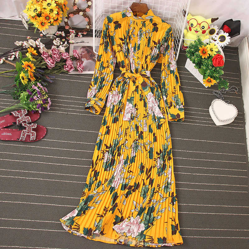 Autumn Dress Temperament Turtleneck Waist Slim Long Sleeves Lace Up Wild Floral Maxi Vestidos UK016 210630