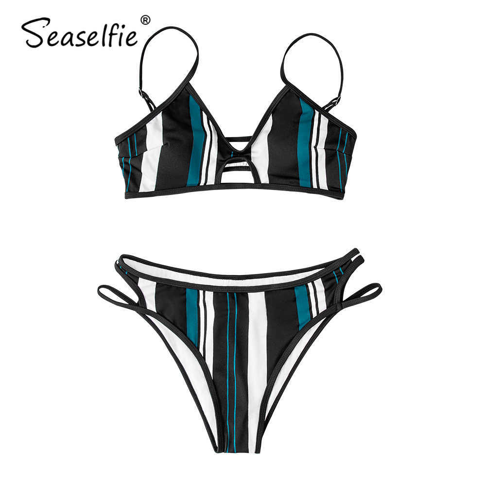 SEASELFIE Sexy Blue White and Black Striped Bikini Sets Swimsuit Two Pieces Swimwear Women Summer Beach Bathing Suit 210611