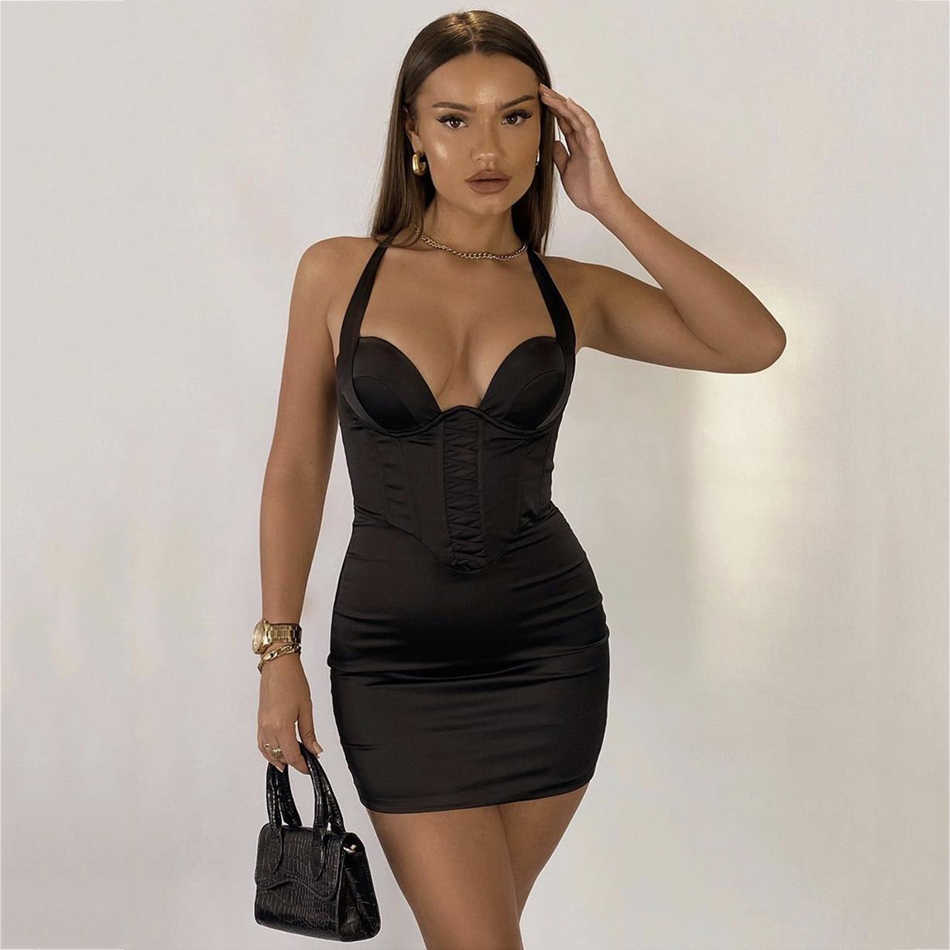 Women's Summer Sexy Sleeveless Halter Cross Black Mini Bodycon Bandage Dress Elegant Party Vestidos 210525