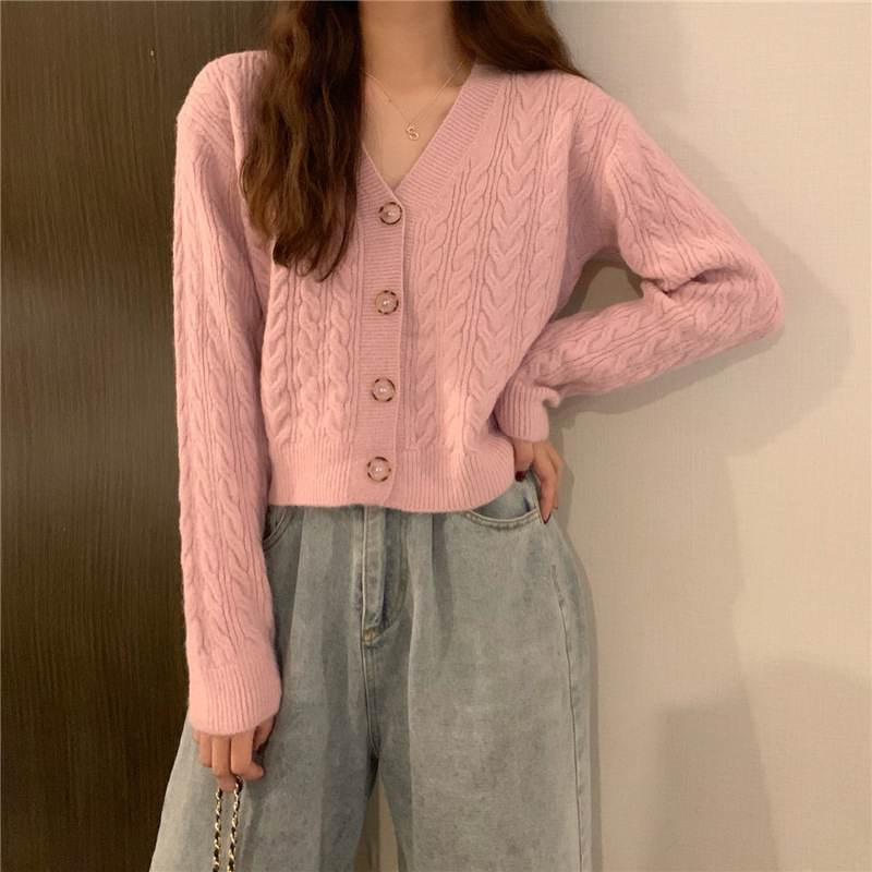 autumn and winter cardigans women solid loose v-neck all-match twist long-sleeved sweater coat 210427