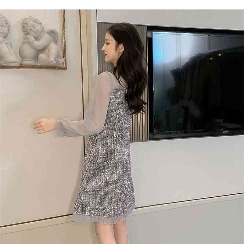 Autumn And Winter Sexy See-Through Mesh Tweed Dress Ribbon Bow Single-Breasted Long Sleeve Chic 210520