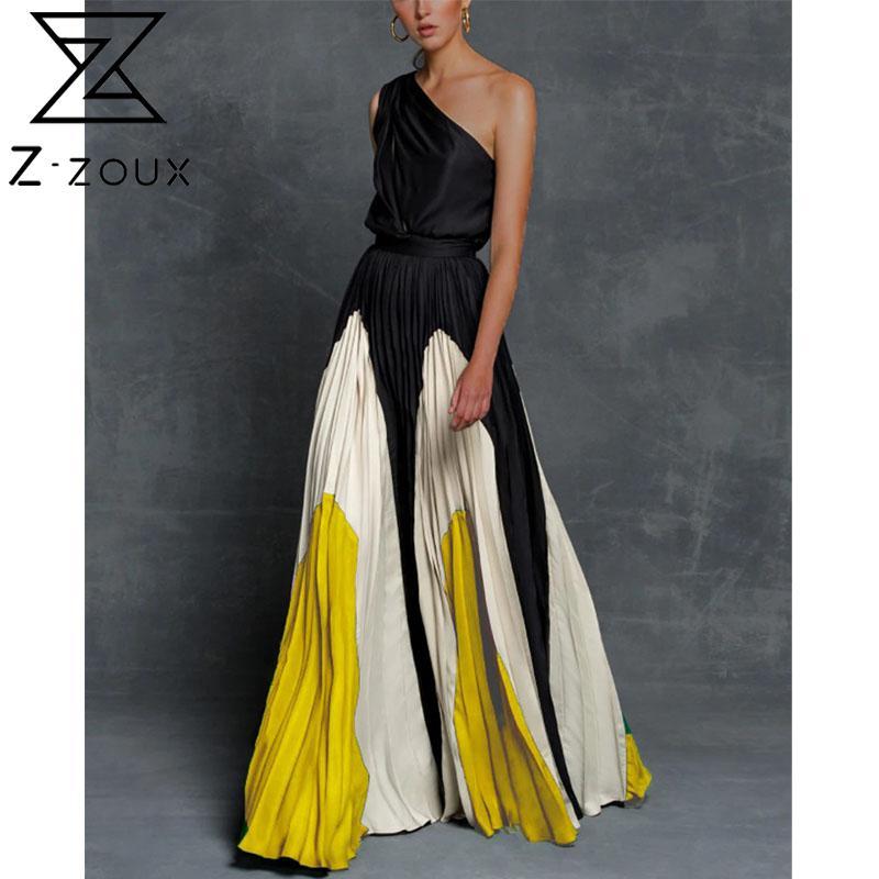 Women Dress One Shoulder Color Matching Maxi es High Waisted Long Pleated Bohemian Plus Size Ladies es 210524