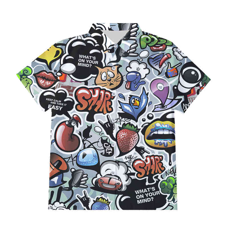 OGKB 3D Funny Psychedelic Print Button Shirts Hipster Casual Abstract Hoody Anime Graffiti Short Sleeve Shirt Streetwear 210410