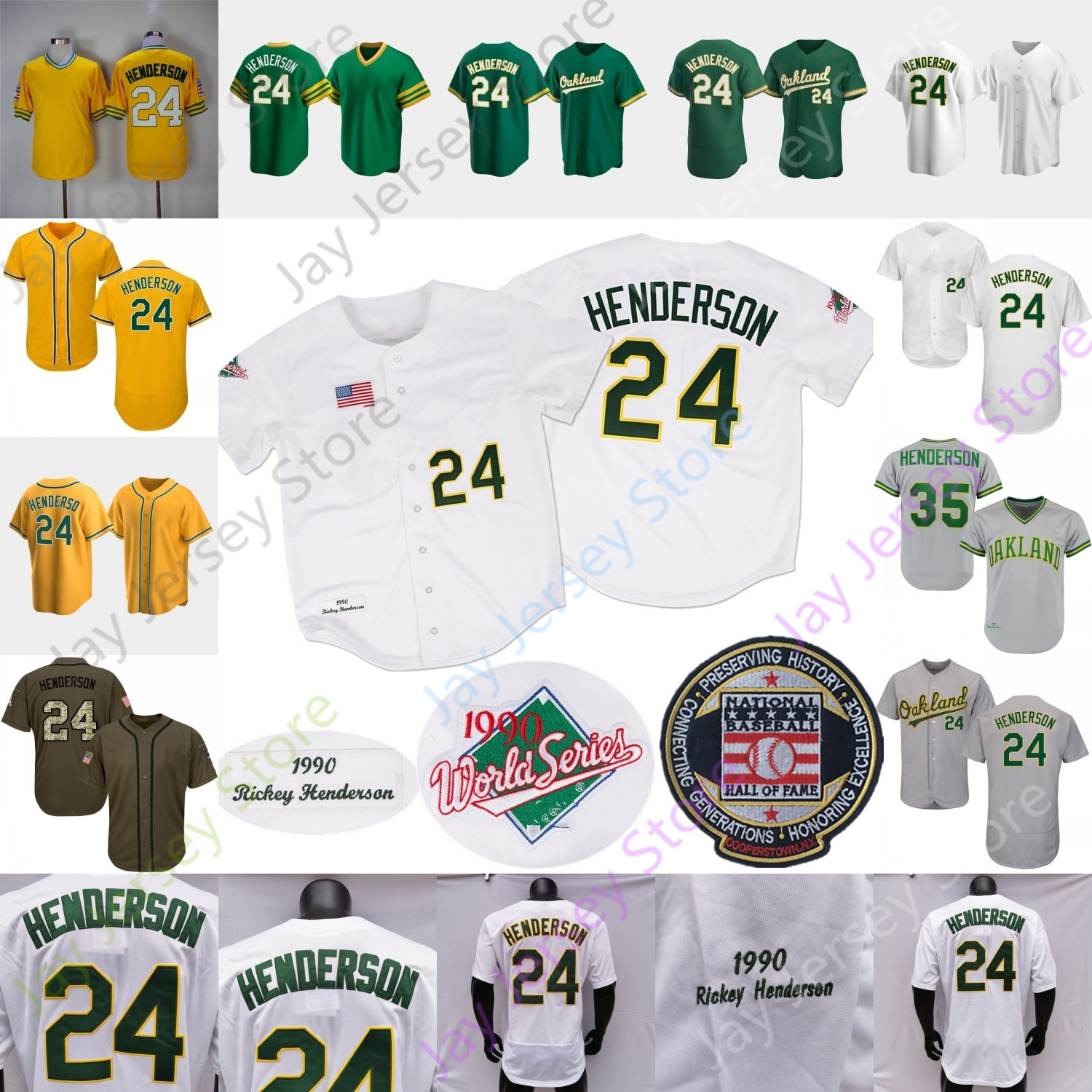 Rickey Henderson Jersey 35 Grey 1982 White 1990 Coopers-town Green Pullover Yellow Player Fans Black Hall Of Fame Patch Size S-3XL