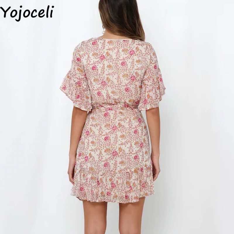 Yojoceli Sexy print ruffle sashes dres Summer elegant casual beach short Female cute daily vestidos 210609