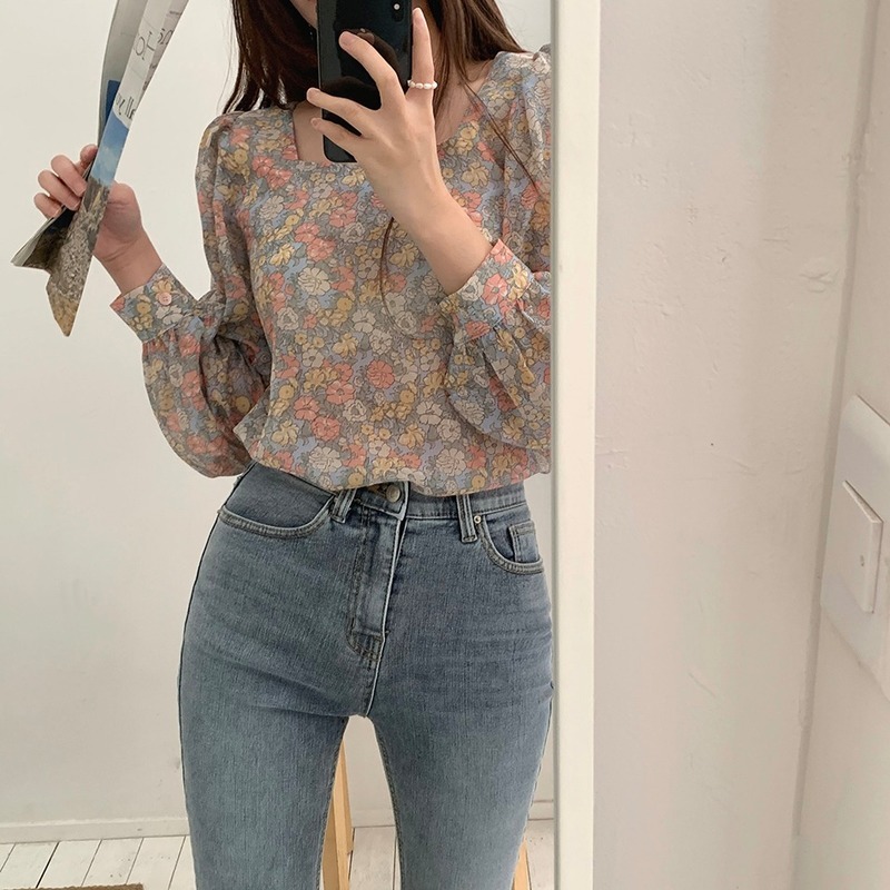Streetwear Printed Chiffon Blouse Women Shirts Long Sleeve Tops Vintage Floral Loose Office Lady Blouses Blusas 10113 210506