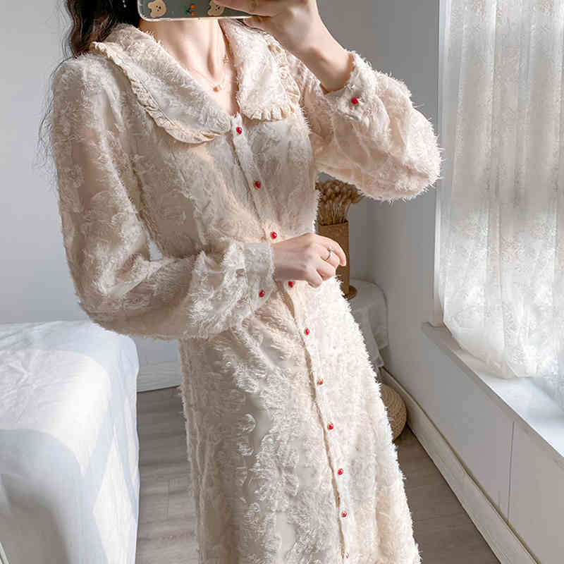 Spring French Vintage Sweet Dress Women Doll Collar Single Breasted Button high waist vestido feminino 12914 210506