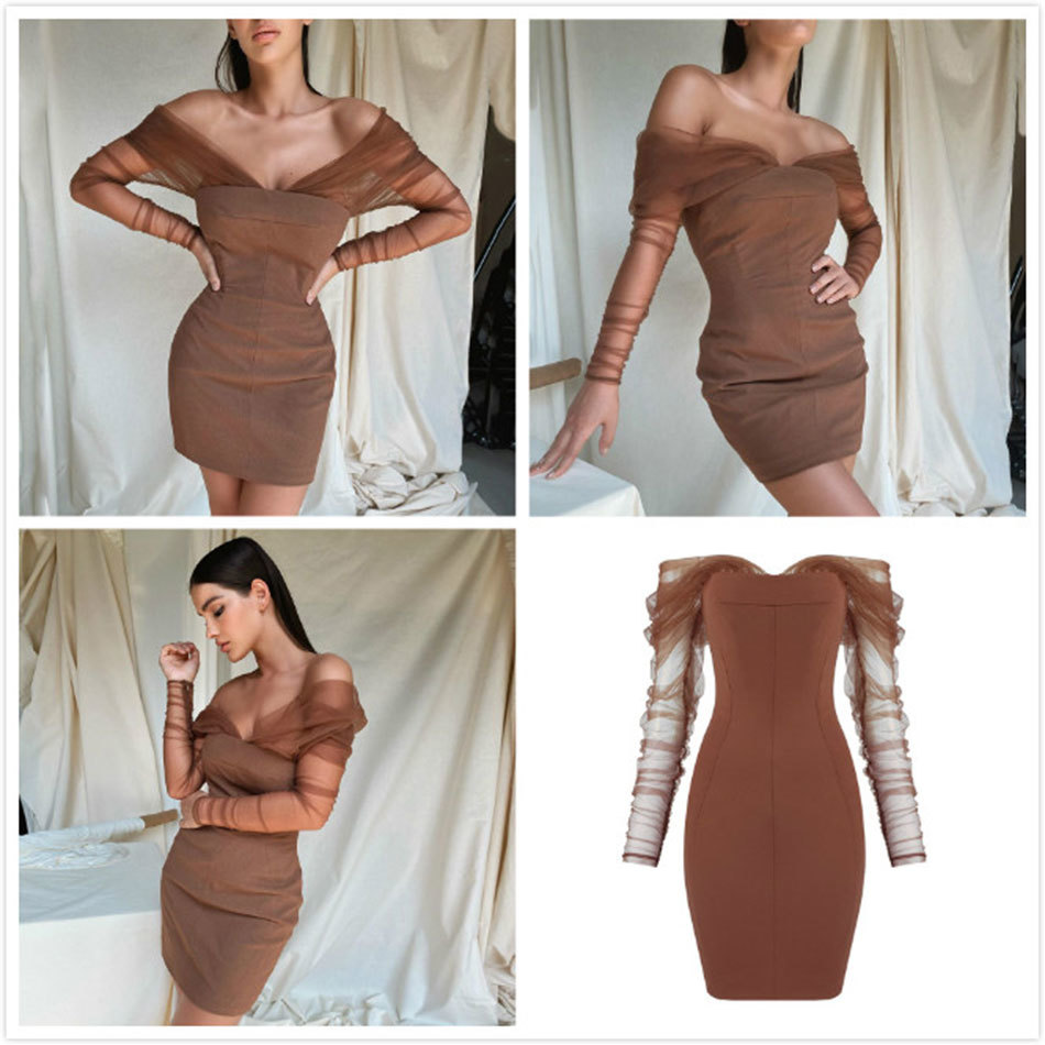 Free Women's Brown Mini Dress Sexy Strapless Long Sleeve Draped Mesh Bodycon Club Evening Party Vestidos 210524