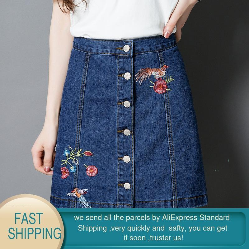 High Waisted Embroidered Denim Skirt for Women Button Straight Office Lady Elegant Knee Length Harajuku s 210428