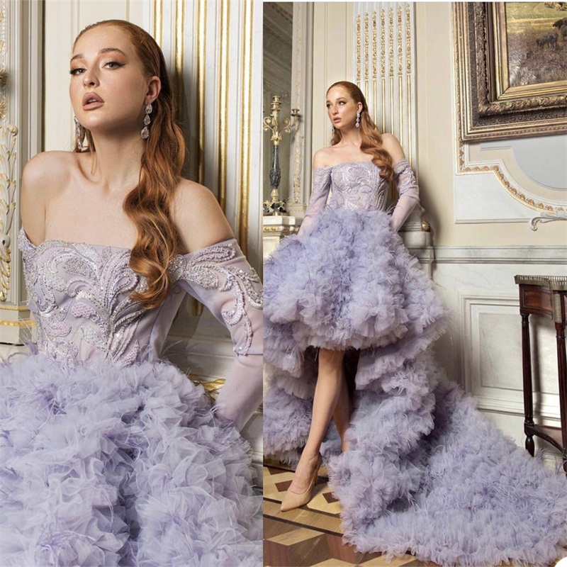 Hi-Lo Evening Dresses With Ruffles Tulle Chic Long Sleeves Crystal Beads Appliqued Formal Prom Dress Custom Made Elegant Pageant Robe de mariée