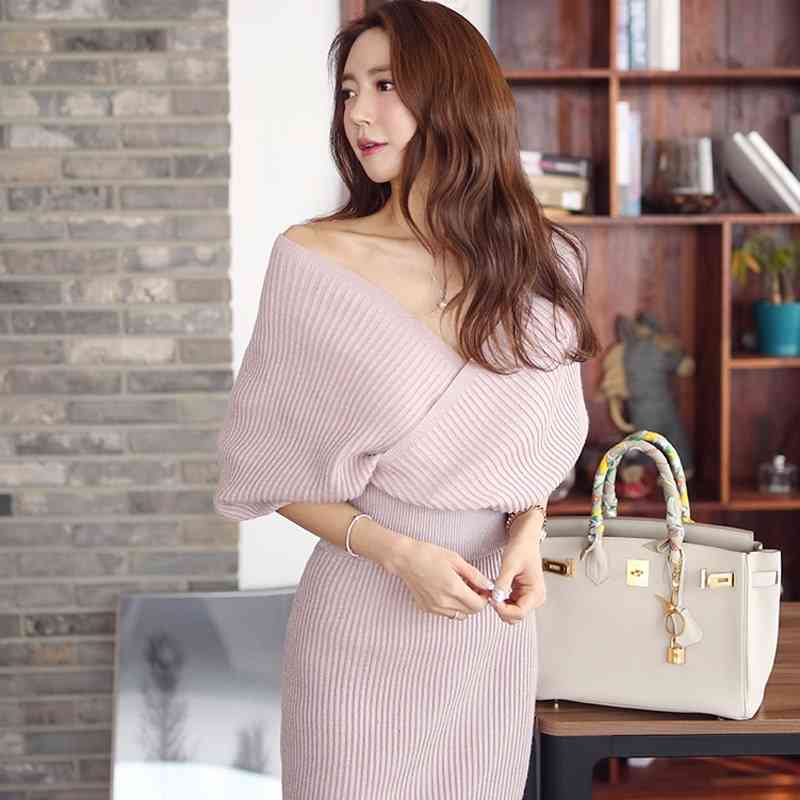 Knitted Sweater and Skirt Two Piece Set Women Autumn Slim V-neck Backless Tops Skirts 2 Sets s Suit 210506