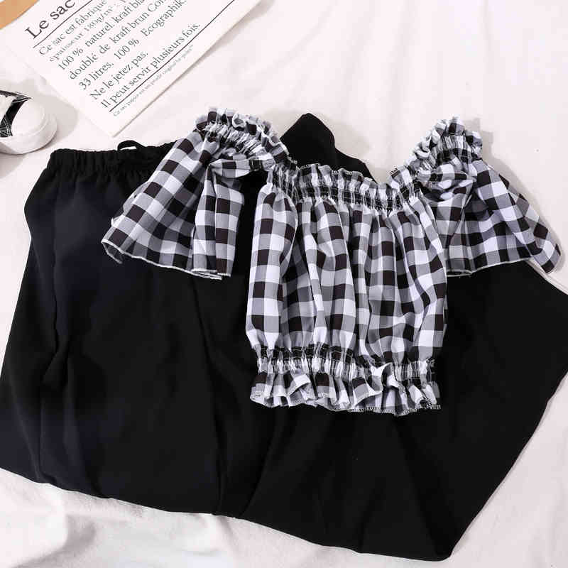 Summer Chiffon 2 Pieces Set Women Off Shoulder Plaid Crop Tops Blouse + Wide Leg Pants Casual Suit Korean Outfit 210519