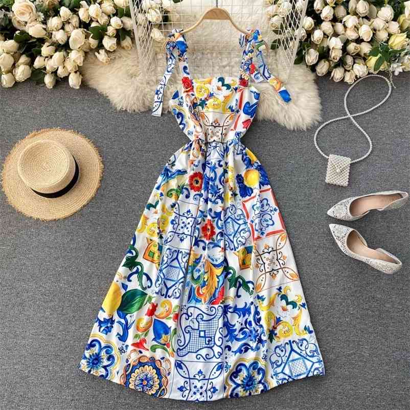 Fashion Runway Summer Dress New Women's Bow Spaghetti Strap Backless Blue and White Porcelain Floral Print Long Dress 210409