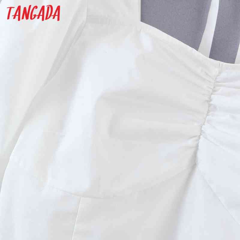 Women Retro White Crop Square Collar Backless Bow Chic Female Slim Shirt Tops SL540 210416