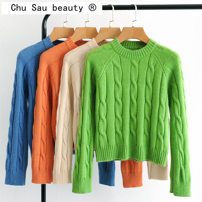 Korean Women Short Sweater Woman Round Neck Solid Color Long-sleeved Knitted Top Bottoming Autumn Winter Tops 210514