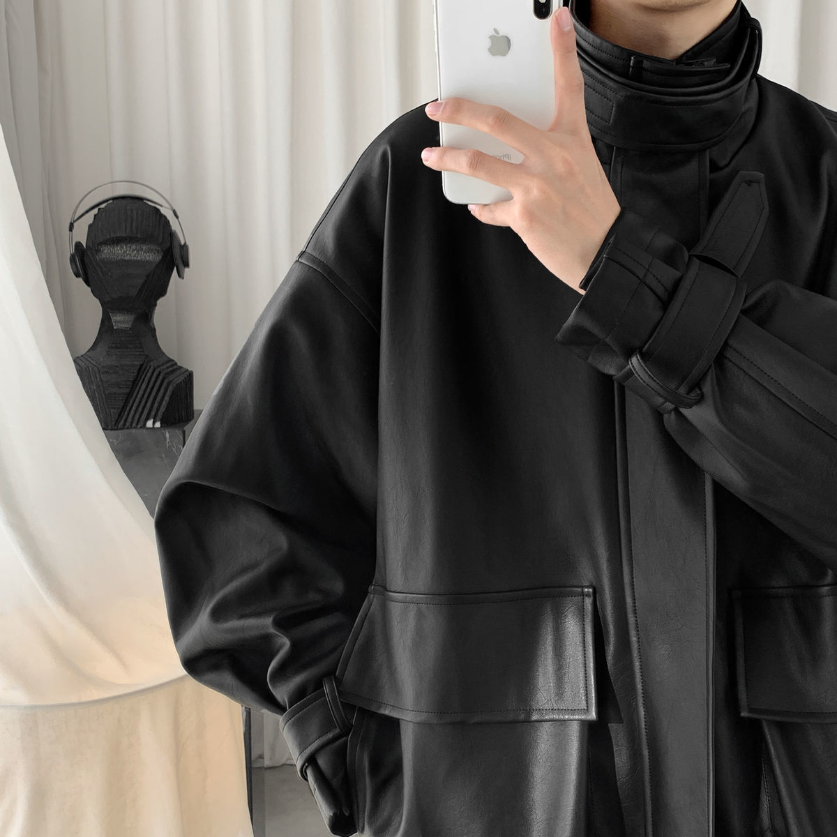 IEFB /men's wear autumn jacket PU leather clothes stand collar big pocket overisize loose vintage coat high street black coat 210524
