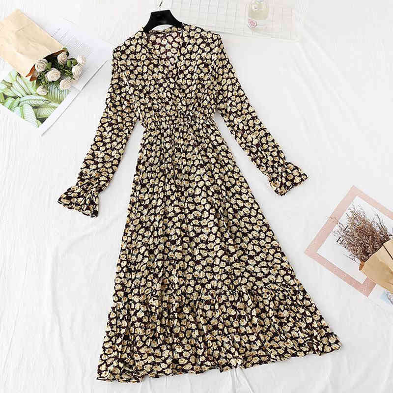Elegant Chiffon Pleated Midi Dress Spring Fashion Women Long Sleeve Ruffles Print Dresses Elastic Waist Vintage Vestidos 210521