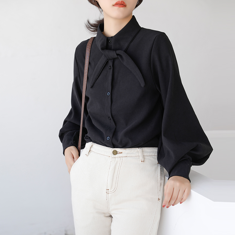 Blouse Women clothes Black Spring Winter Lantern Sleeve Shirt 's Loose Bow Long-sleeved Tops blusas 997E 210420
