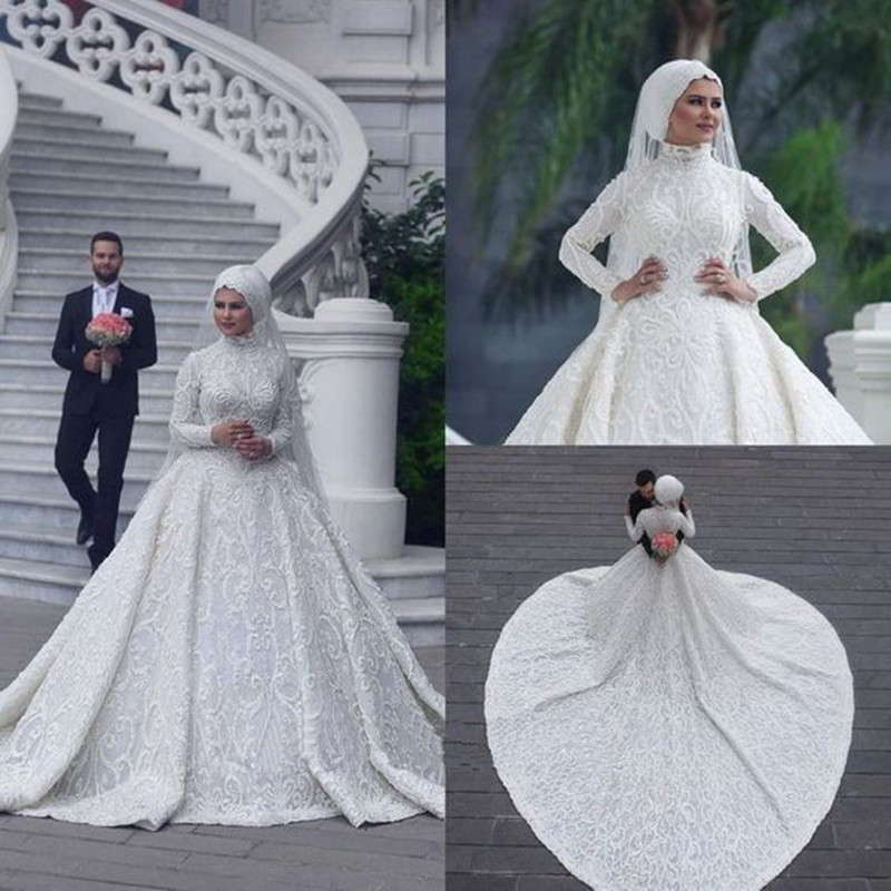 Custom white muslim wedding dress long sleeve applique high neck mermaid