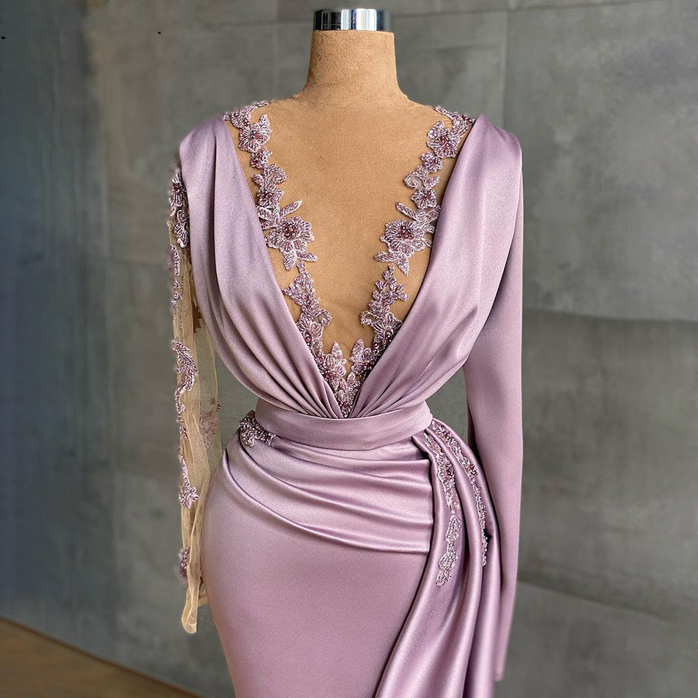 Purple Satin Evening Dresses For Women Applique V Neck Mermaid Prom Party Gowns Long Wrap Formal Robe De Soir E Lz0304