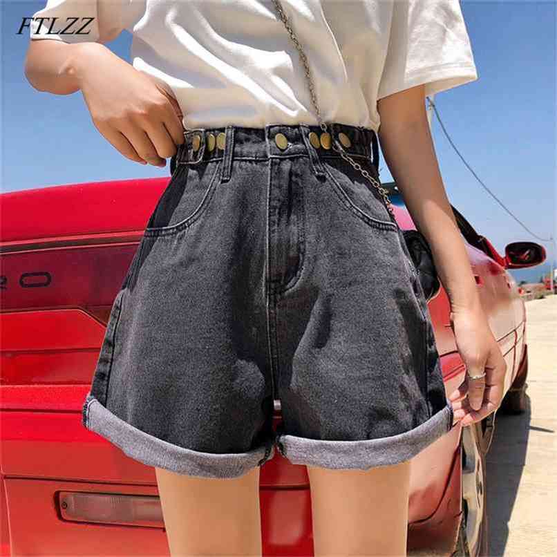 FTLZZ Summer Vintage Women High Waist Button Blue Denim Shorts Casual Female Solid Color Wide Leg Loose Gray Jeans 210714