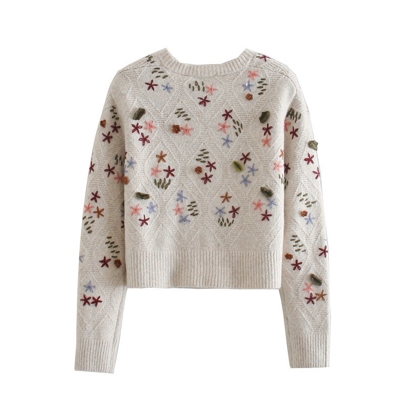 Winter French 3D Crochet Flowers Knitted Cardigan Kawaii Retro Sweater Coat Center Buttons Woman Long sleeve Short Jumper 210429