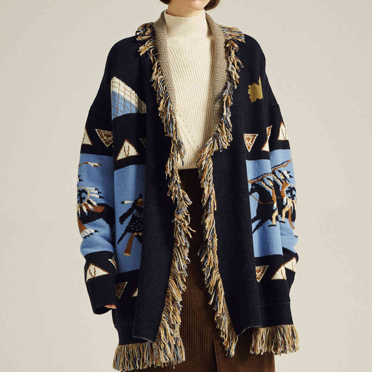 Jastie Winter Thick Knight Jacquard Women Cardigan Cashmere Sweater Tassel Lapel Long Sleeve Overcoat Warm Jacket Tops 210419