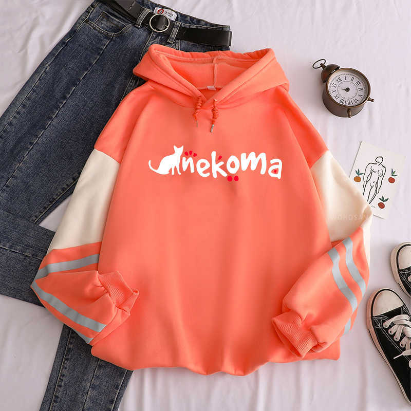 Harajuku Anime Haikyuu Nekoma Print Hooded Sweatshirts Women Funny Cartoon Kawaii Graphic Girls Korean Fashion Sweet Cute Hoodie Y0804