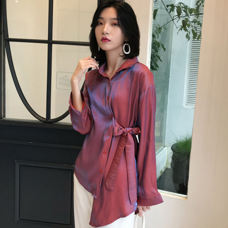 Arrival Spring Autumn Women Long Sleeve Asymmetry Loose Shirts Lustre Satin Face Lacing Blouse Tops Female Blusas S429 210512