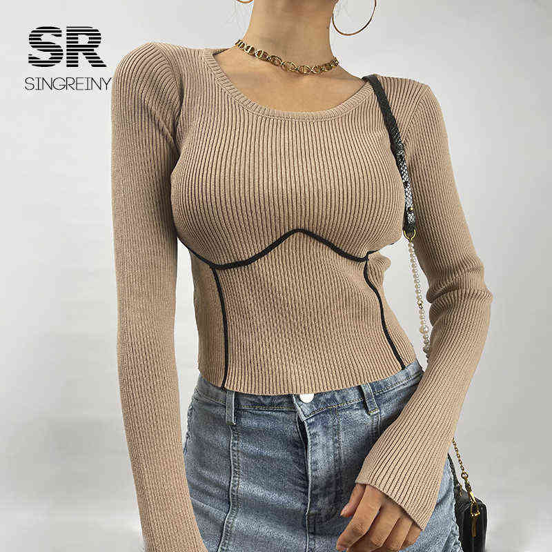SINGREINY Women Knitted Sweater Long Sleeves O Neck Solid Elastic Slim Knit Basic Tops Autumn Casual Female Pullovers 211109