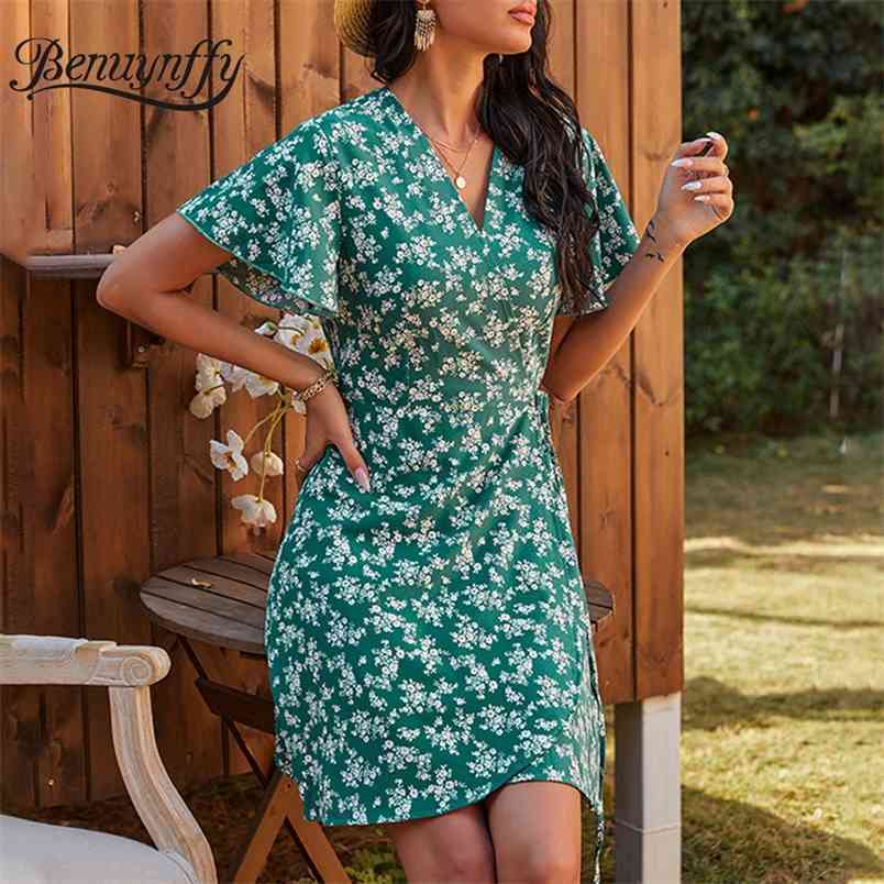 V-neck Floral Print Tie Waist Wrap Dresses Short Sleeve Women Boho Holiday A-Line Mini Summer 210510