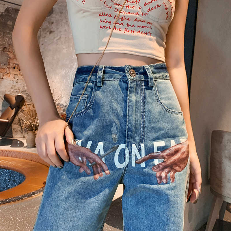 High Waist Jean's Pants Mom Printed Loose Wide Leg Straight Traf Fashion Denim Streetwear Trousers For Female 210809