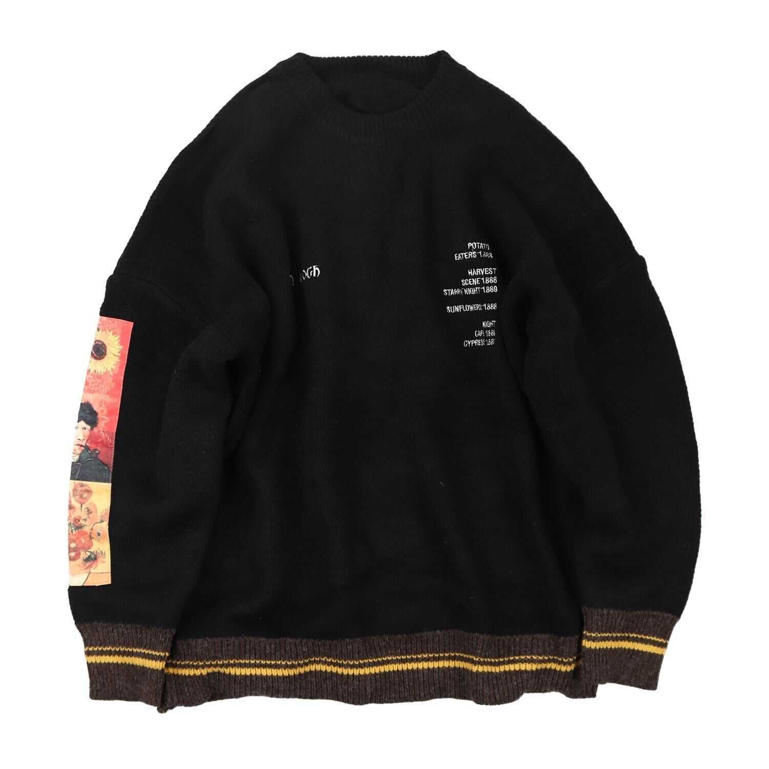 Hip Hop Fashion Sweater Pullover Men Van Gogh Painting Embroidery Knitted Sweater Harajuku Male Streetwear Tops Casual Pullover 210818