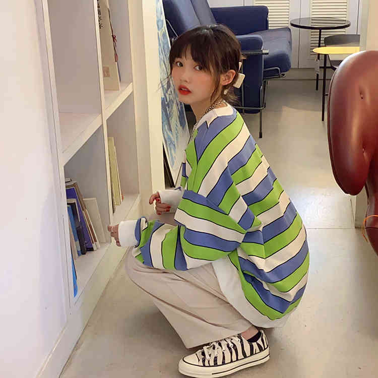 autumn korean style color patchwork Women Sweatshirts Long Sleeve stripe loose thin Sweatshirt Womens pullovers (F4101) 210423