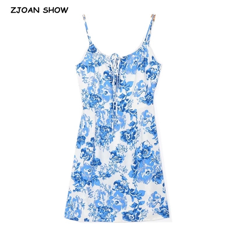 Sexy French Blue Floral Print Spaghetti Strap Women Mini Dress Back Zipper Cross Lacing Up Collar Sling Holiday Dresses 210429